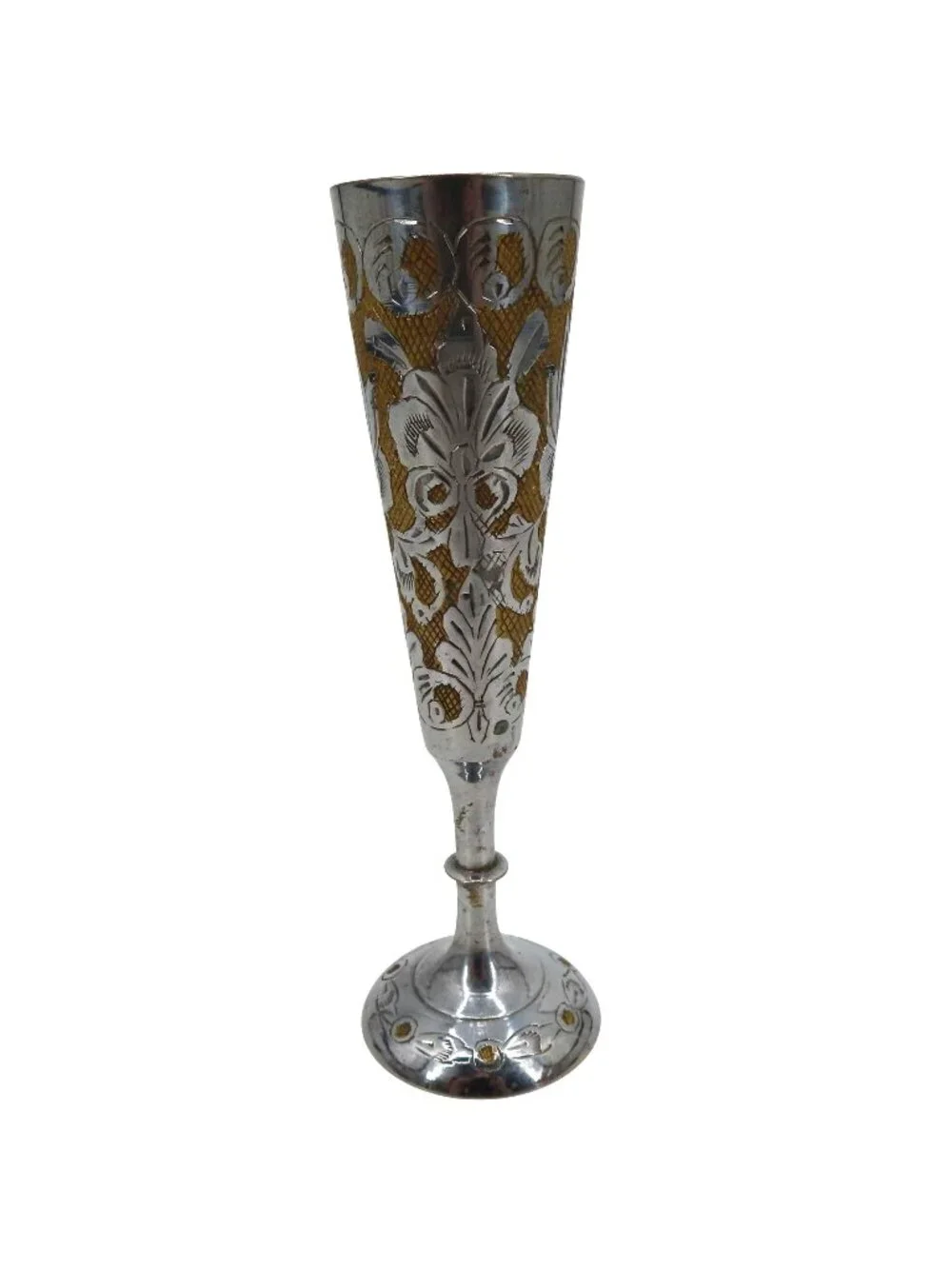 VTG Hand Chased Etched Floral Swag Silver Gold Tone Metal Vase 6.9in Israel Made
